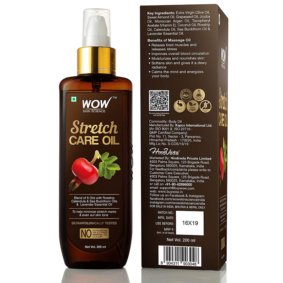 Stretch Care Oil to Minimize Stretch Marks & Even Out Skin Tone - Blend of 6 Oils with Rosehip Calendula & Sea Buckthorn Oils - No Parabens, Silicones, Mineral Oil & Color - 200 ml