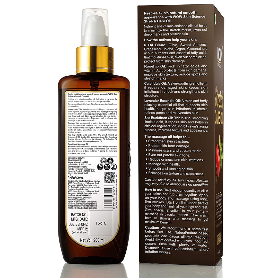 Stretch Care Oil to Minimize Stretch Marks & Even Out Skin Tone - Blend of 6 Oils with Rosehip Calendula & Sea Buckthorn Oils - No Parabens, Silicones, Mineral Oil & Color - 200 ml