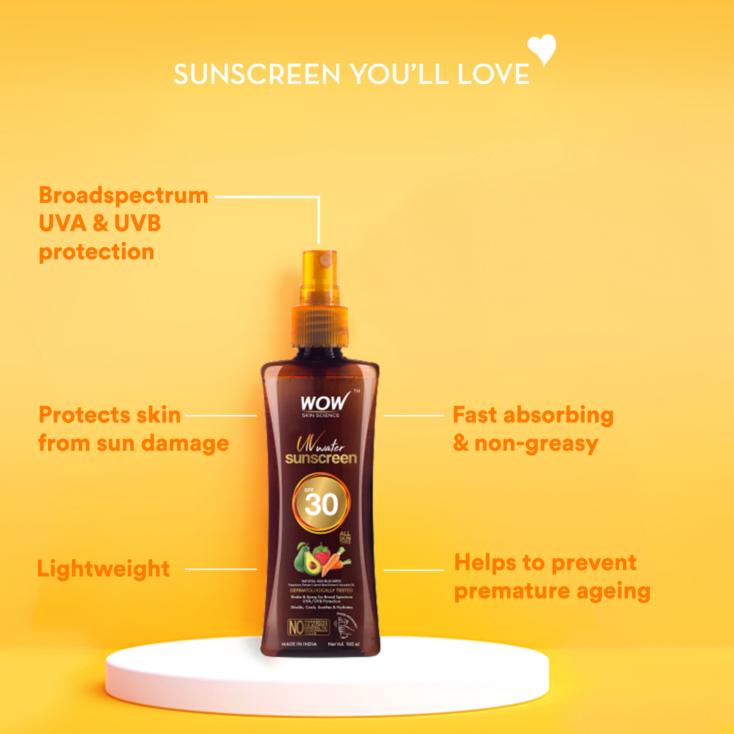 UV Water Transparent Sunscreen Spray SPF 30 - Quick Absorbing - Oil Free - with Raspberry Extract, Carrot Seed Extract, Avocado Oil - 100 ml