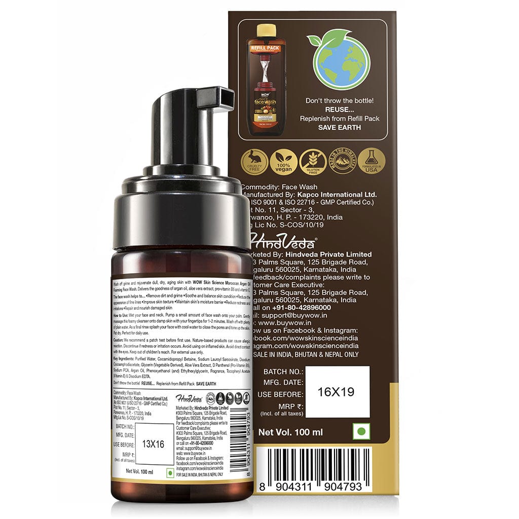 Moroccan Argan Oil Foaming Face Wash - contains Argan Oil & Aloe Extracts - for Dry to Normal Skin - No Parabens, Sulphate, Silicones & Synthetic Color - 100 ml