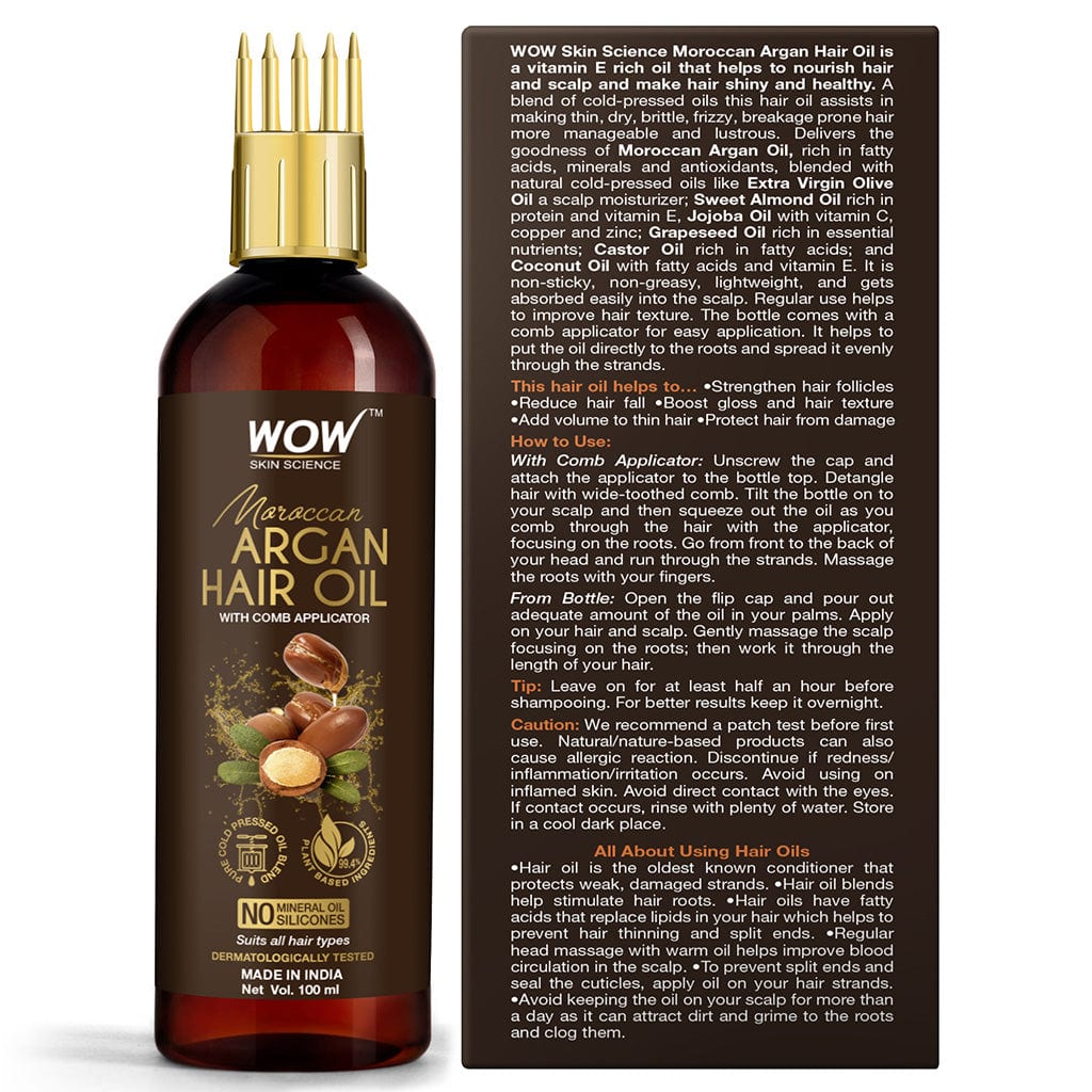 Moroccan Argan Hair Oil - WITH COMB APPLICATOR - Cold Pressed - No Mineral Oil & Silicones - 100 ml