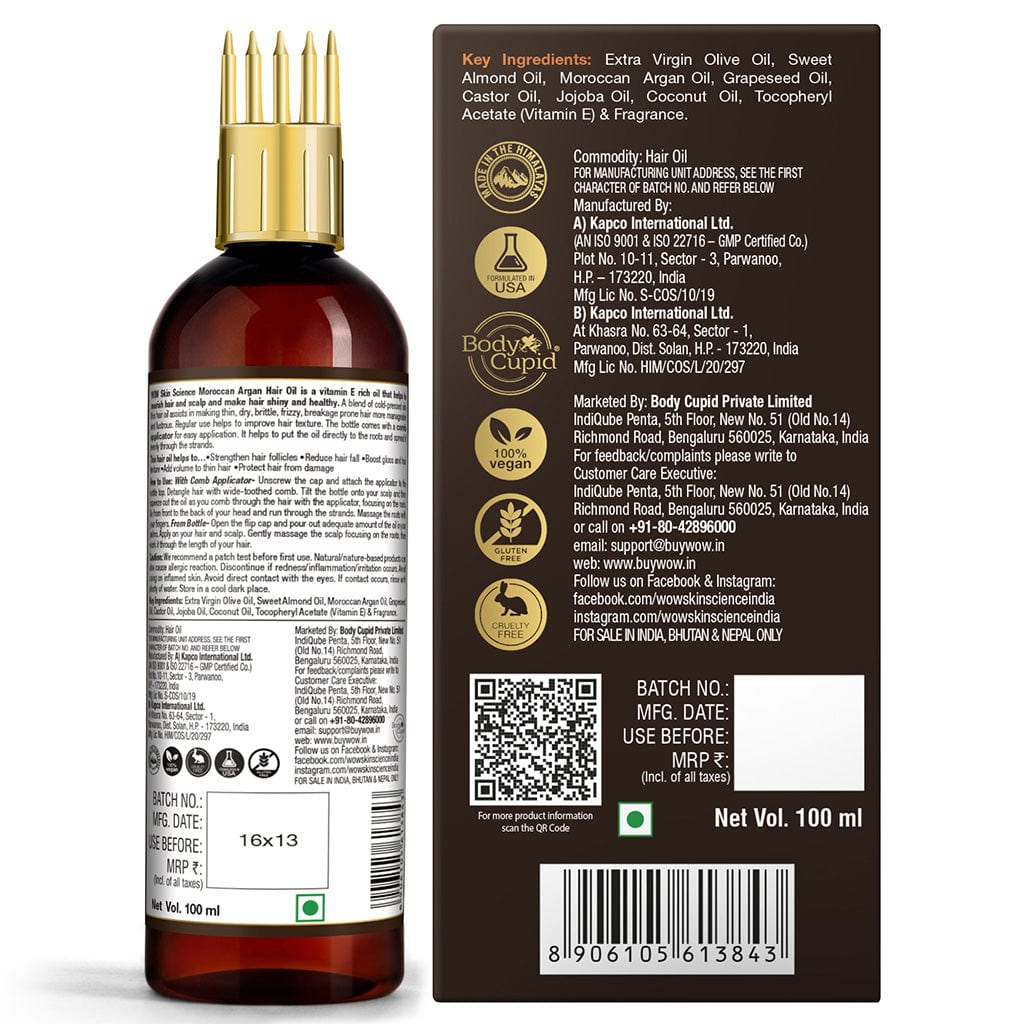 Moroccan Argan Hair Oil - WITH COMB APPLICATOR - Cold Pressed - No Mineral Oil & Silicones - 100 ml