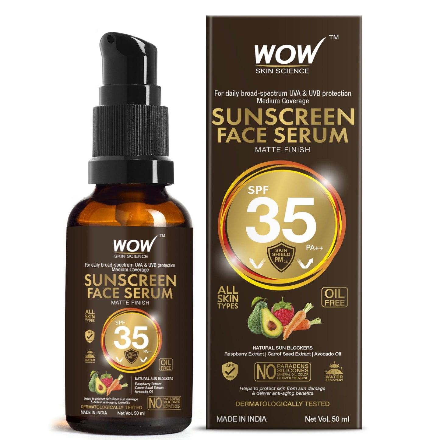 Matte Finish Sunscreen Face Serum SPF 35 PA++ with Raspberry, Carrot Seed & Avocado Oil - OIL FREE - No Parabens, Silicones, Mineral Oil, Oxide, Colour, Benzophenone - 50mL