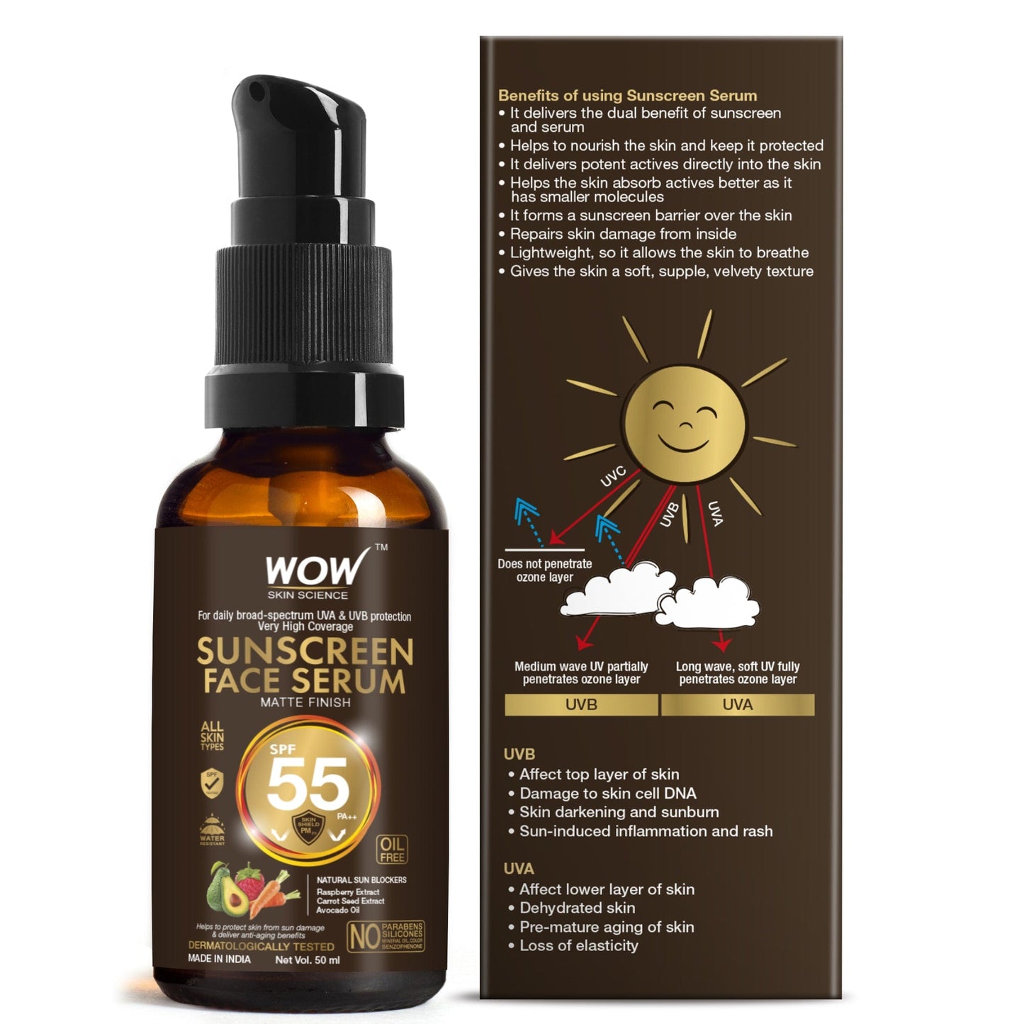 Matte Finish Sunscreen Face Serum SPF 55 PA++ with Raspberry, Carrot Seed & Avocado Oil - 50mL