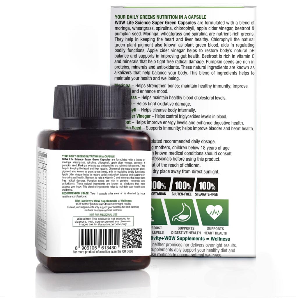 Super Green Capsules - with Moringa, Wheatgrass, Spirulina, ACV, Beetroot, Chlorophyll & Pumpkin Seed - 550mg - 60 Veg Capsules