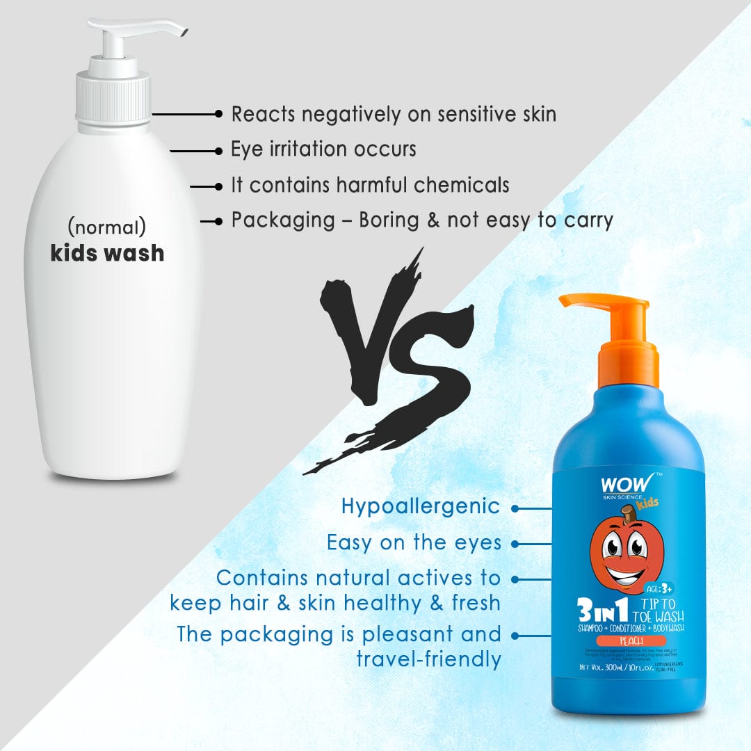 WOW Skin Science Kids Tip to Toe Wash - Shampoo - Conditioner - Body Wash - No Parabens, Sulphate, Silicones, Mineral Oil or Color - Peach - 300 ml - BuyWow