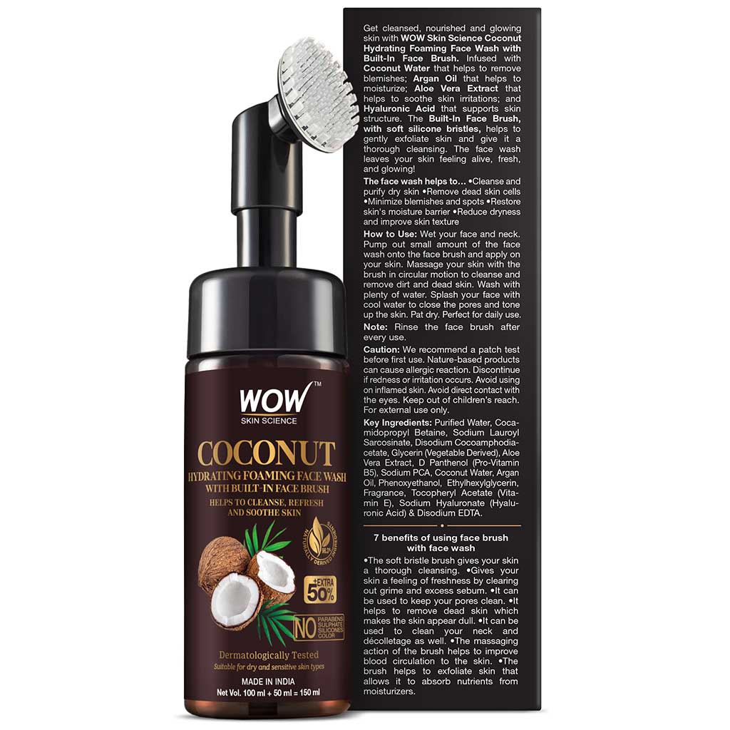 Coconut Hydrating Foaming Face Wash with Built-In Face Brush - with Coconut Water - For Cleansing, Soothing Skin - No Parabens, Sulphate, Silicones & Color - 100 ml + 50 ml = 150 ml