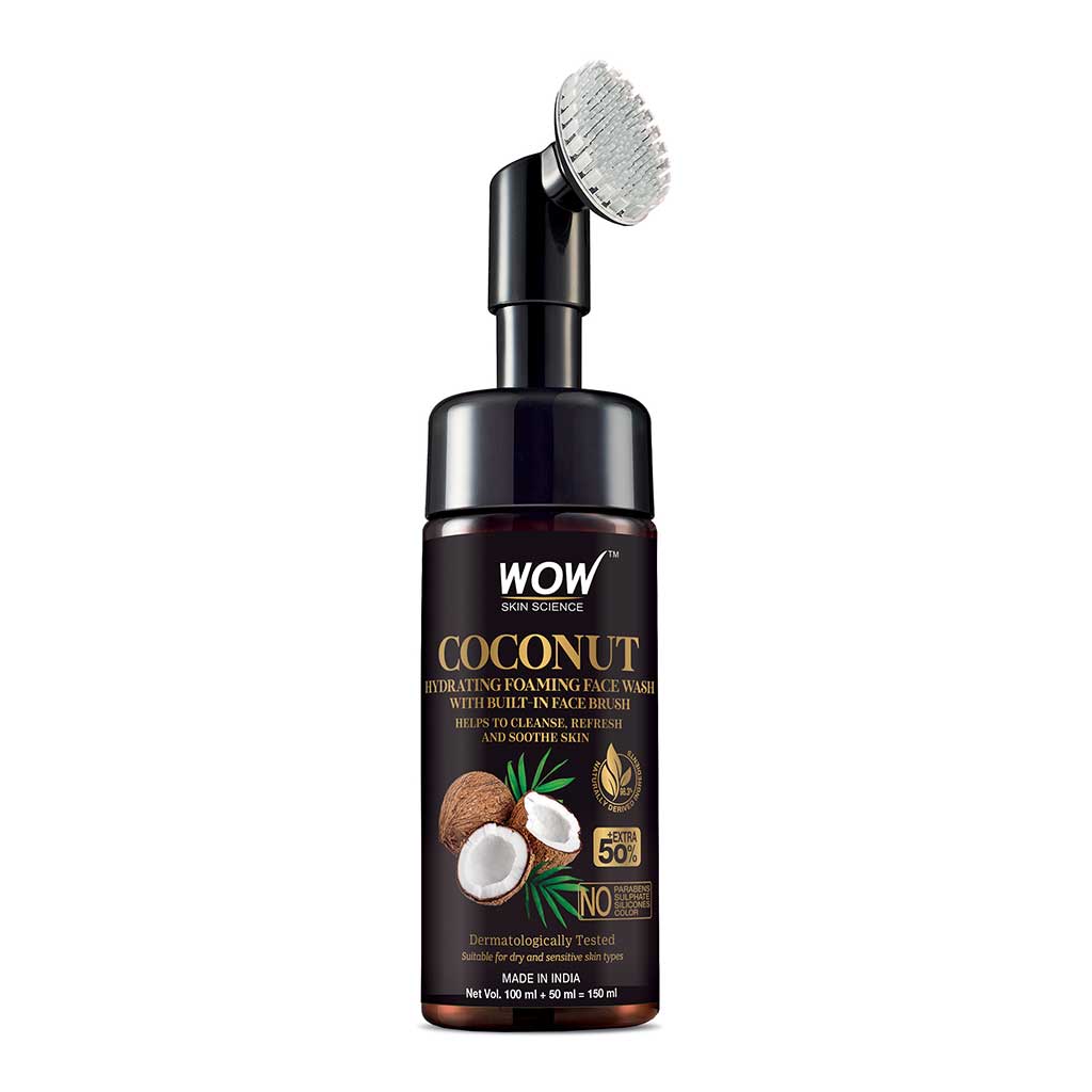 Coconut Hydrating Foaming Face Wash with Built-In Face Brush - with Coconut Water - For Cleansing, Soothing Skin - No Parabens, Sulphate, Silicones & Color - 100 ml + 50 ml = 150 ml