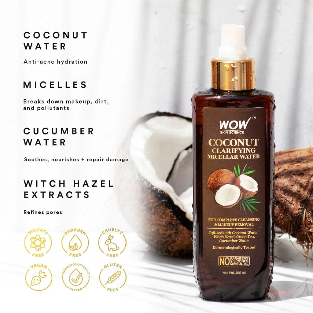 Coconut Clarifying Micellar Water for Complete Cleansing & Makeup Removal - For All Skin Types - No Parabens, Silicones & Mineral Oil