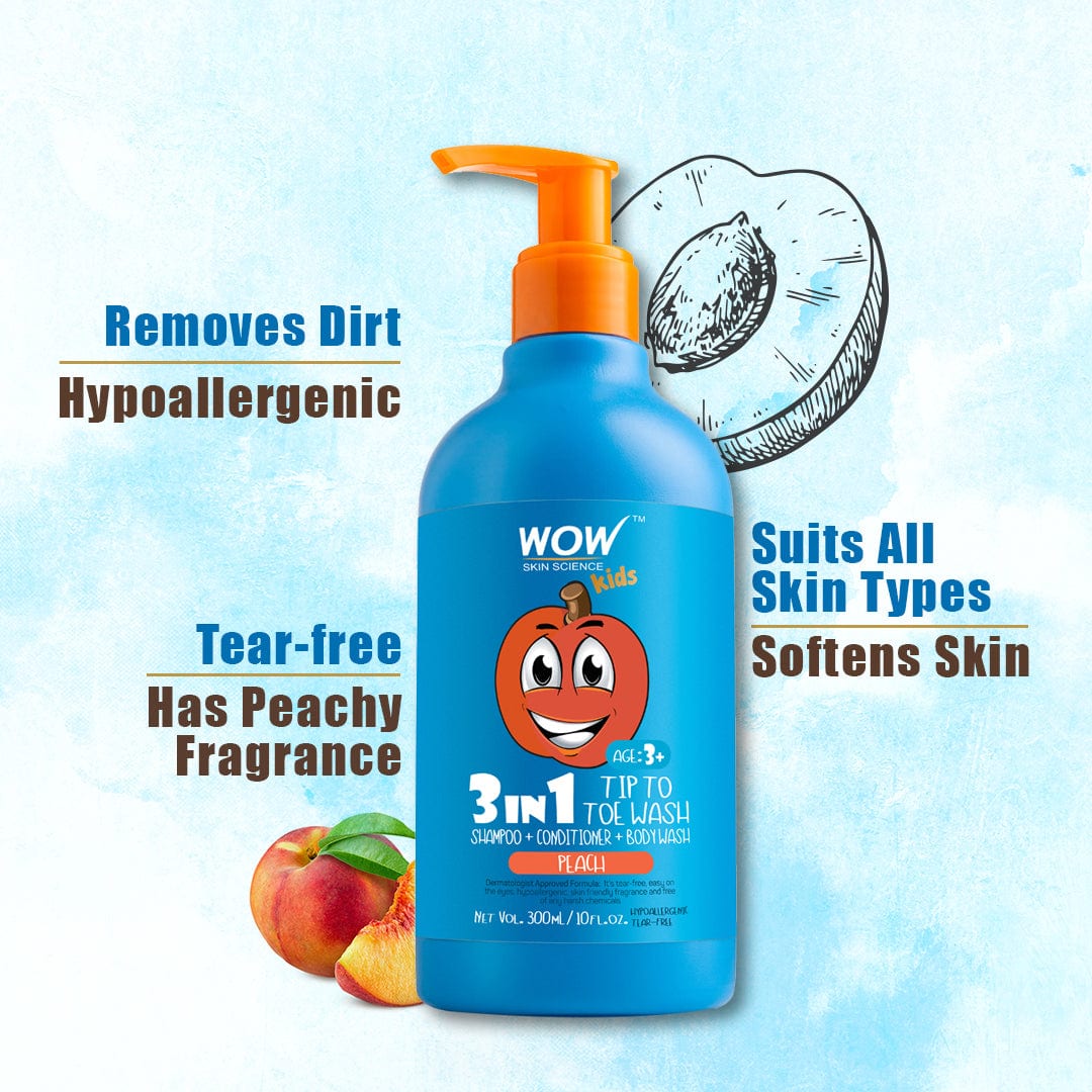 WOW Skin Science Kids Tip to Toe Wash - Shampoo - Conditioner - Body Wash - No Parabens, Sulphate, Silicones, Mineral Oil or Color - Peach - 300 ml - BuyWow