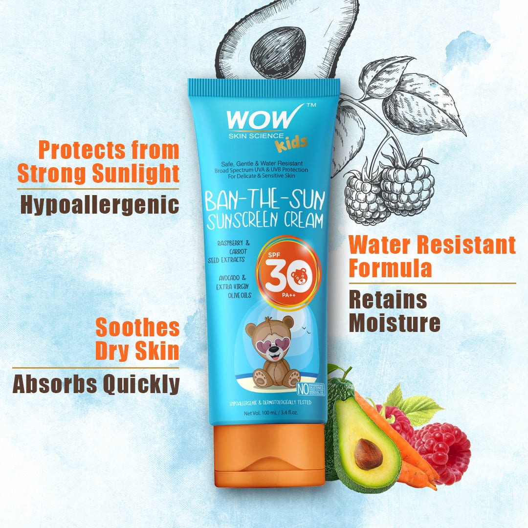 WOW Skin Science Kids Ban-The-Sun Sunscreen Cream Spf 30 Pa++ - No Parabens, Silicones, Oxide Color, Mineral Oil and Benzophenone - 100 ml - BuyWow