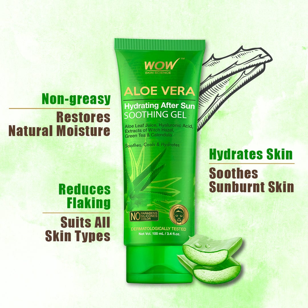 WOW Skin Science Aloe Vera with Hyaluronic Acid, Witch Hazel Extract, Green Tea & Calendula Hydrating After Sun Soothing Gel - No Parabens, Silicones & Color - 100 ml - BuyWow