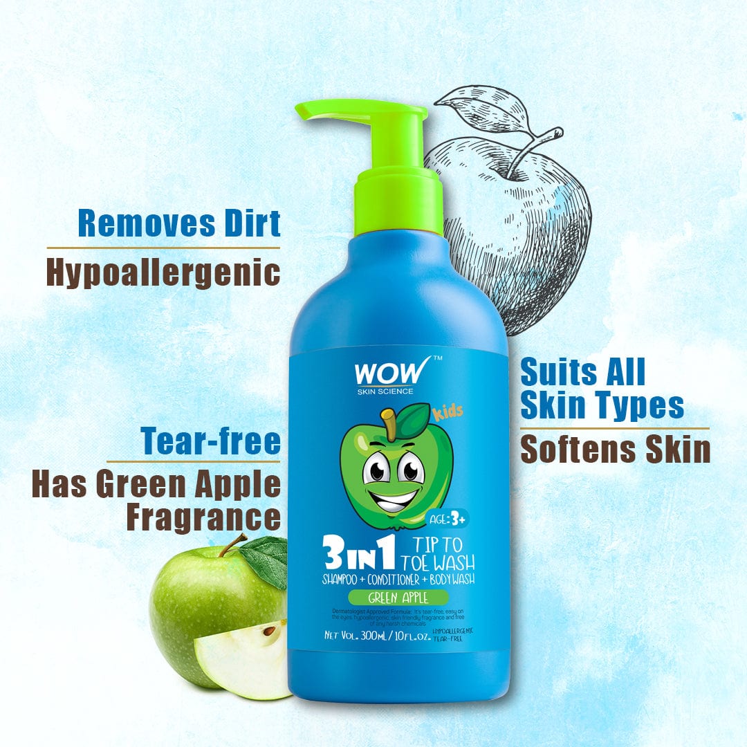 WOW Skin Science Kids Tip To Toe Wash - Shampoo - Conditioner - Body Wash - No Sulphates & Parabens - Green Apple - 300 ml - BuyWow