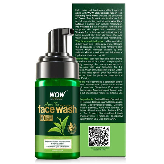 Green Tea Foaming Face Wash - With Green Tea & Aloe Vera Extract - For Purifying Skin, Improving Radiance - No Parabens, Sulphate, Silicones & Color -  100 ml