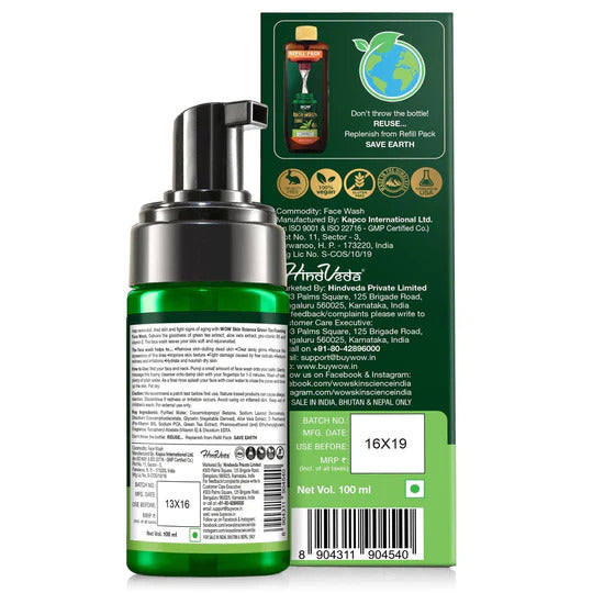 Green Tea Foaming Face Wash - With Green Tea & Aloe Vera Extract - For Purifying Skin, Improving Radiance - No Parabens, Sulphate, Silicones & Color -  100 ml